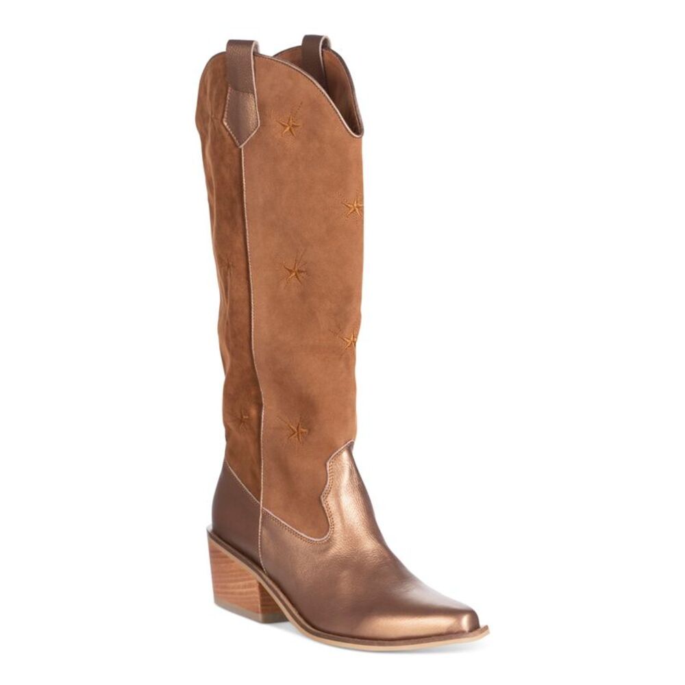 SILVIA COBOS Womens Brown Stars Galaxy Pointed Toe Block Heel Western Boot 7.5